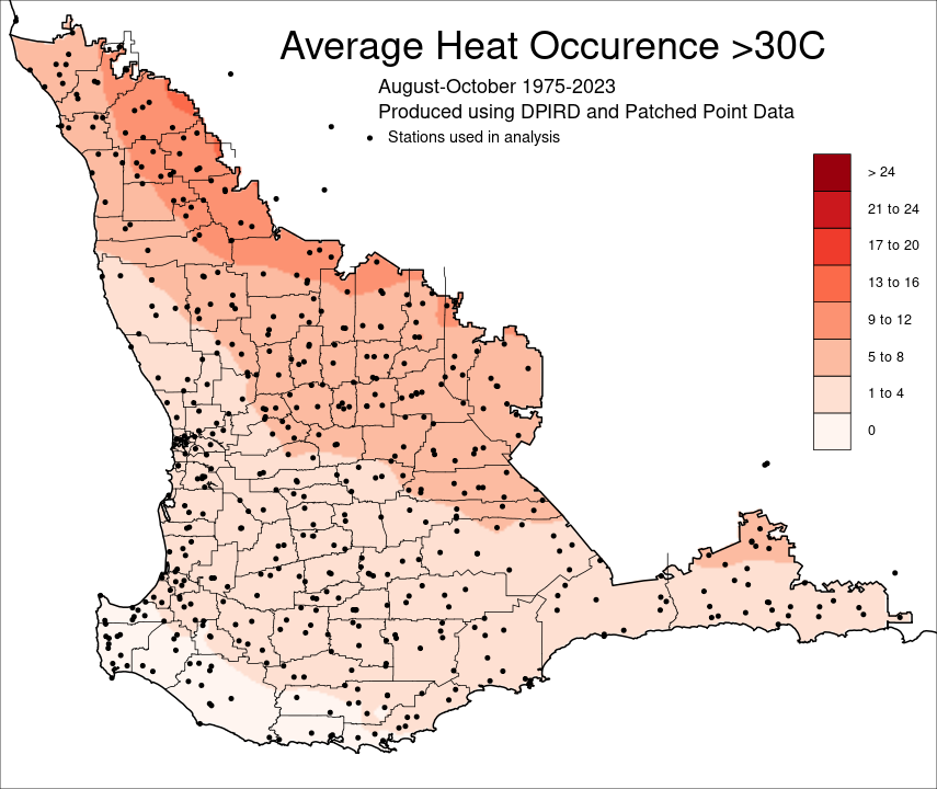 Map showing the average number of days above 30°C for the South West Land Division of Western Australia for the period August to October 1975-2023, ranging from 0 days to 13-16 days.