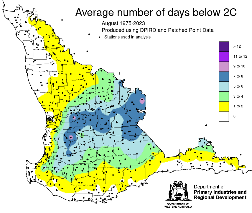 Map showing average number of days below 2°C for the South West Land Division of Western Australia for August for the period 1975-2023, ranging from 0 days along the coast to 9-10 days in 3 pockets of the wheatbelt