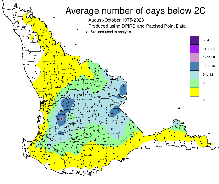 map showing the average number of frost days (days below 2°C) for the South West Land Division of Western Australia for the period August to October 1975-2023, ranging from 0 days to 17-20 days.