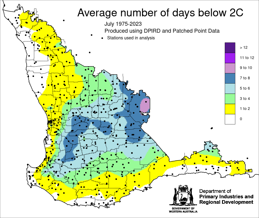 Map showing average number of days below 2°C for the South West Land Division of Western Australia for July for the period 1975-2023, ranging from 0 days along the coast to 9-10 days in the wheatbelt.