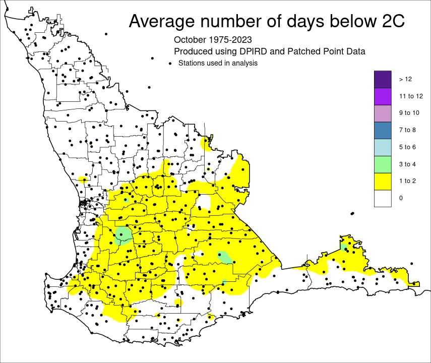 Map showing average number of days below 2°C for the South West Land Division of Western Australia for October for the period 1975-2023, ranging from 0 days to 3-4 days at 5 weather stations.
