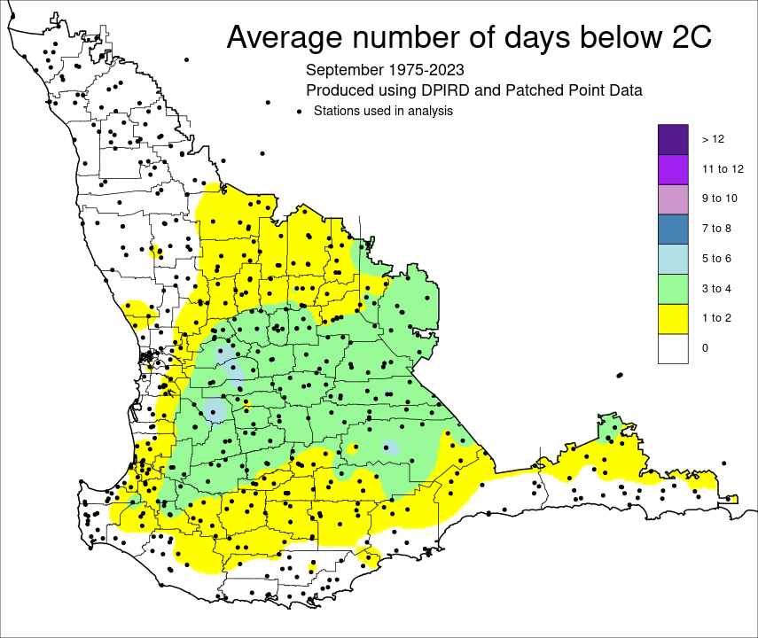 Map showing average number of days below 2°C for the South West Land Division of Western Australia for September for the period 1975-2023, ranging from 0 days along the coast to 5-6 days in 3 pockets of the wheatbelt.