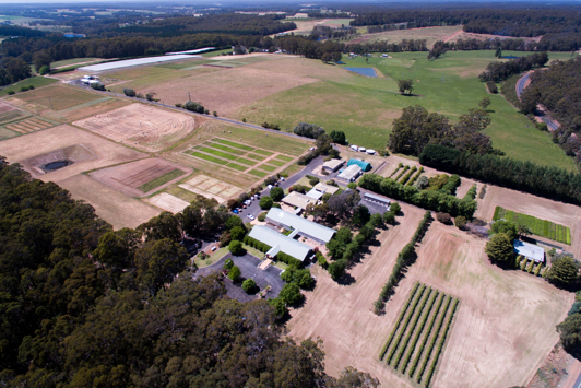 Aerial view of Manjimup research facility buildings and landscape