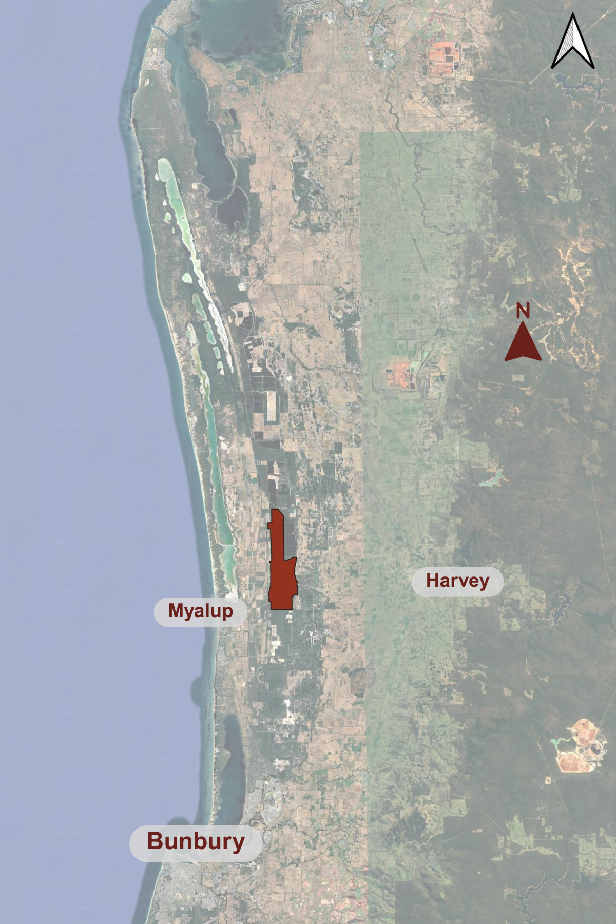 A map of where the project site is, in relation to Myalup and Harvey