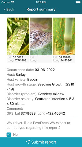 PestFacts WA Reporter app report summary on iPhone.