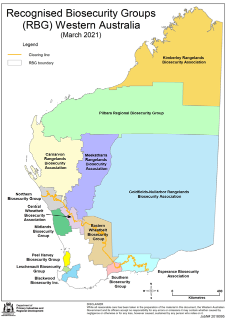 A graphical map marking the Recognised Biosecurity Groups (RBG) in Western Australia, as at March 2021.