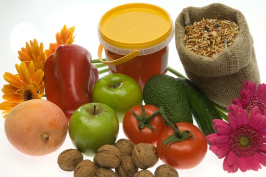 Fresh fruit, honey, nuts, cut flowers