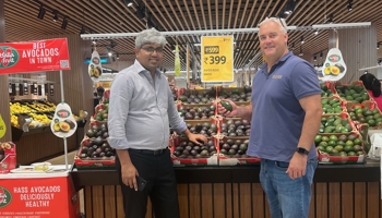 2 people standing against a display of avocados in an Indian supermarket