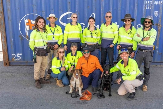 Group of people smiling wearing safety hi-vis clothing in front of sea container