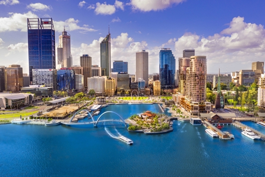 Perth city skyline with river in foreground