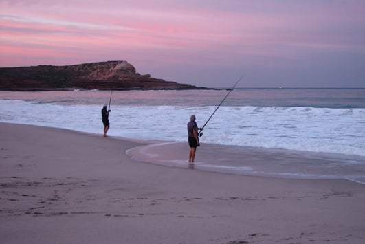 Two people beach fishing under pink sky