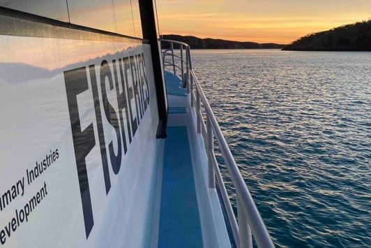 View from boat side rail with scenic view of water and land in the background with orange sunset