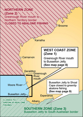 Map of Western Australia showing abalone zones and closures