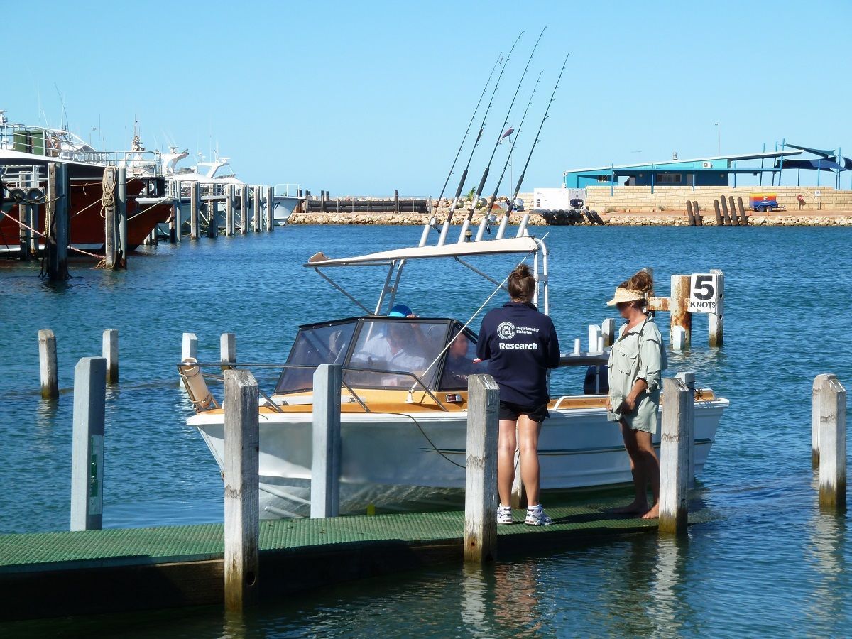 A research officer interviewing fishers at a boat ramp 