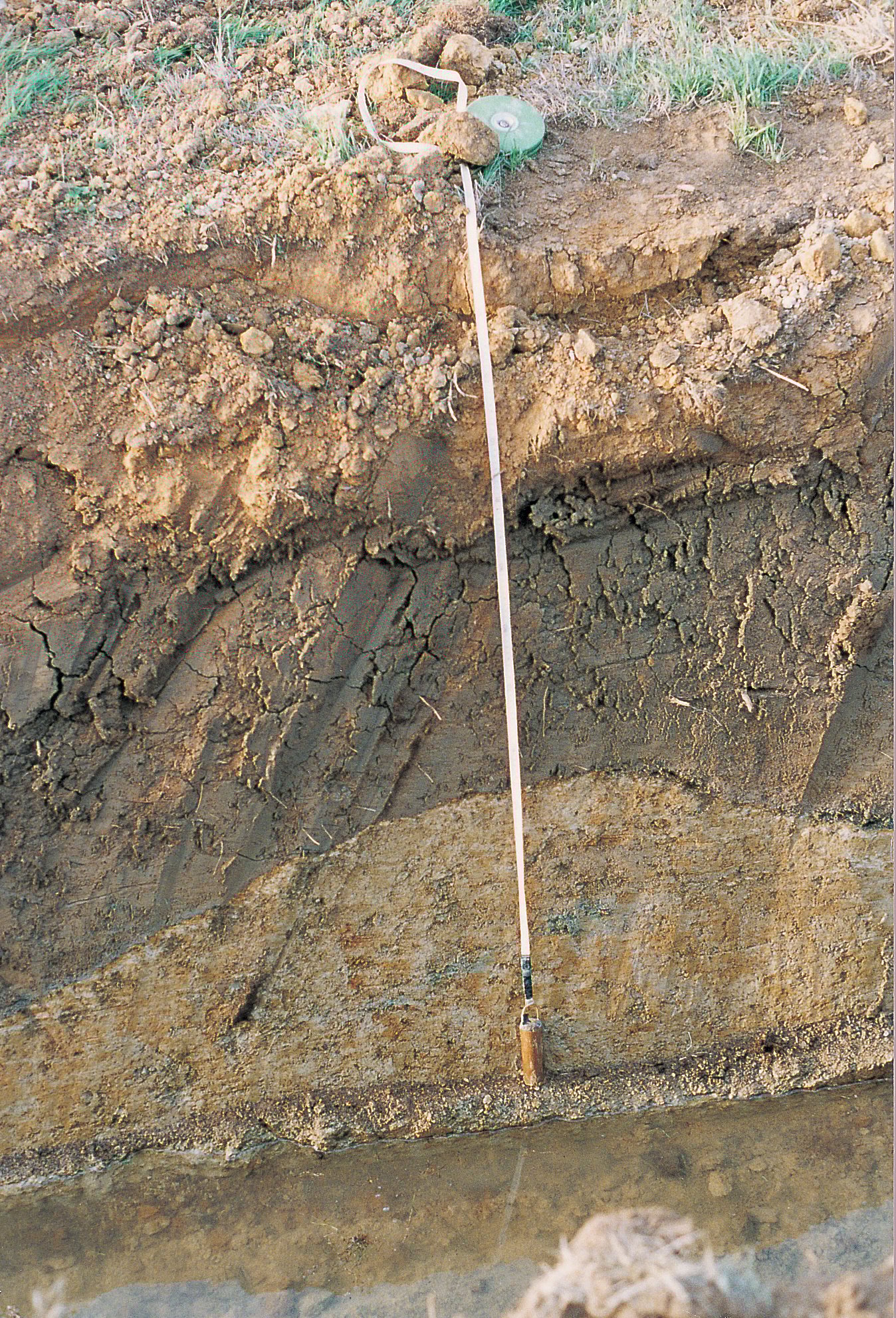 Cross section of soil showing lighter coloured hardpan layer, used in mole drains
